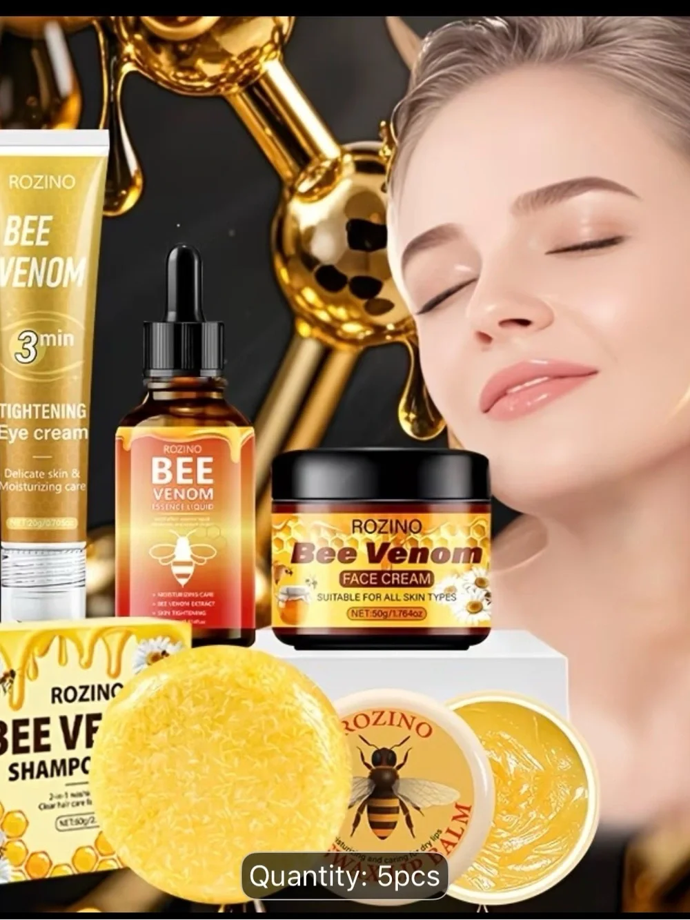ROZINO Bee Venom Skincare Set Essence, Eye/Face Cream, Lip Balm, Shampoo Soap